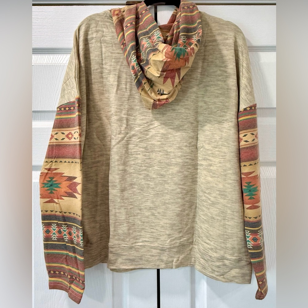 American Bling Southwestern Pattern Tan Hoodie Sweatshirt with Aztec Print “NWT” - Picture 2 of 7